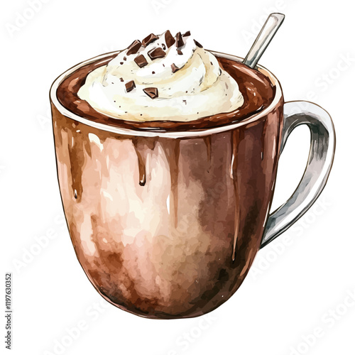 A watercolor of Nutella hot chocolate, isolated on a white background. Hot chocolate vector.
