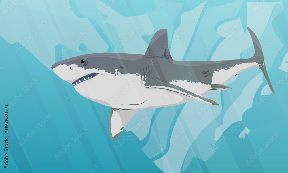 Great white shark in the water. Realistic vector landscape