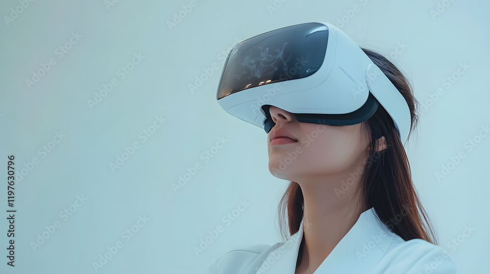 Woman using futuristic virtual reality headset with brainwave analysis for immersive digital experience in a high-tech lab setting with copy space Woman using futuristic virtual reality headset with brainwave analysis for immersive digital experience in a high-tech lab setting with copy space