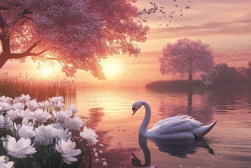 Fototapeta Naklejka Na Ścianę i Meble -  3D rendering of a swan on the lake with a pink
