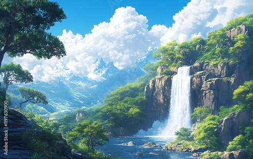 Sunny Waterfall River Landscape View
