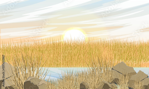 Small river on the field with dry grass. Realistic vector landscape
