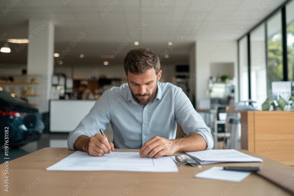 Man reviews documents at office desk in a modern workspace during daylight hours Man reviews documents at office desk in a modern workspace during daylight hours