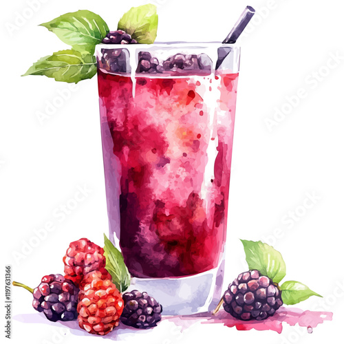 A watercolor drawing of mulberry juice, isolated on a white background. Juice vector.
