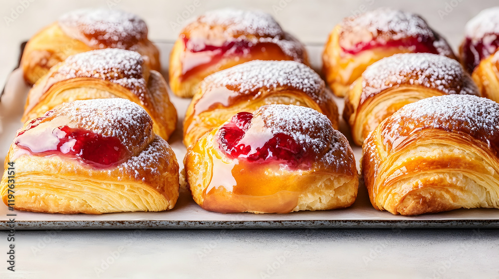 A neat tray of fruit-filled Danish pastries, each topped with a glossy glaze and powdered sugar, set against a minimalist background A neat tray of fruit-filled Danish pastries, each topped with a glossy glaze and powdered sugar, set against a minimalist background
