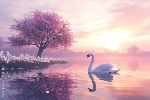 Fototapeta Naklejka Na Ścianę i Meble -  3D rendering of a swan on the lake with a pink