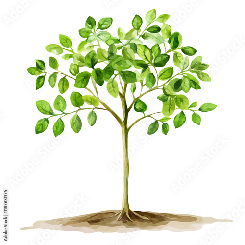 A watercolor of a moringa tree, isolated on a white background. Moringa tree vector.
