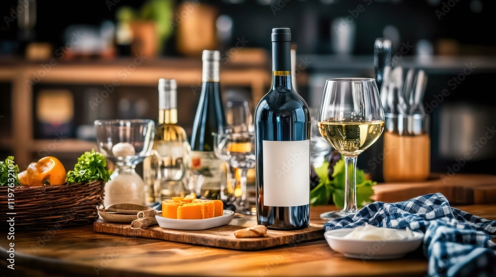 Elegant wine display with cheese and fresh vegetables Elegant wine display with cheese and fresh vegetables