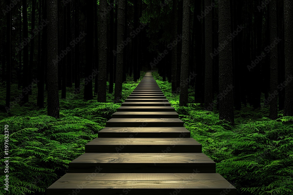 Fototapeta premium goal of life concept A wooden path leads through a dark forest, surrounded by lush greenery, creating a serene and mysterious atmosphere.