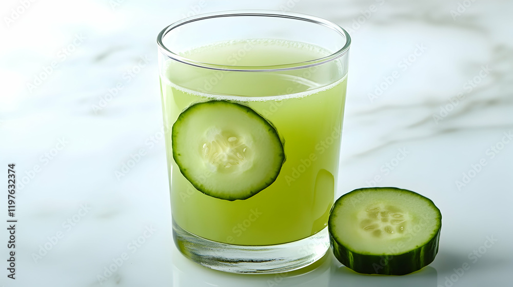 A plain glass of fresh cucumber juice with a light green hue, placed on a clean white marble background, sharp focus A plain glass of fresh cucumber juice with a light green hue, placed on a clean white marble background, sharp focus