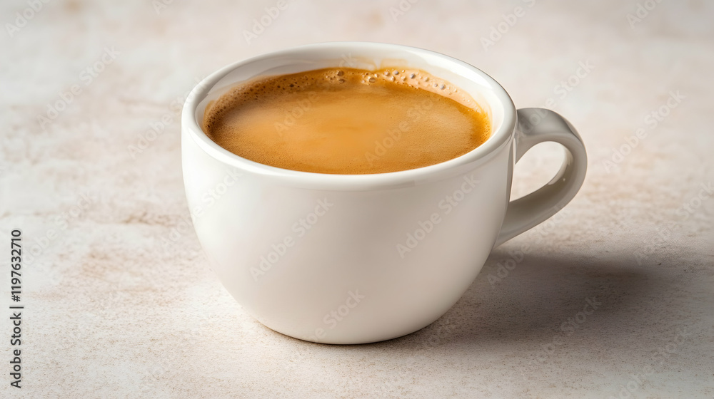 A plain white ceramic cup filled with freshly brewed coffee, placed on a neutral-toned surface with soft lighting A plain white ceramic cup filled with freshly brewed coffee, placed on a neutral-toned surface with soft lighting