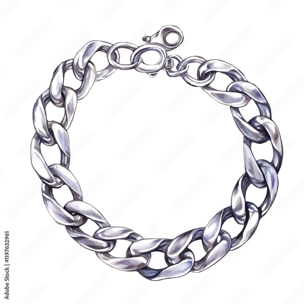 A watercolor painting of a modern silver chain bracelet, isolated on a white background. Bracelet vector.
A watercolor painting of a modern silver chain bracelet, isolated on a white background. Bracelet vector.