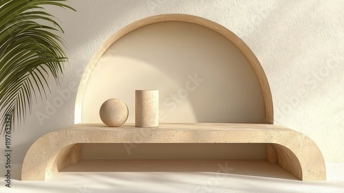 Minimalist Arch Niche Display: A serene and stylish arched niche crafted from light beige wood provides a minimalist display area, featuring a smooth beige sphere and a cylindrical vase.