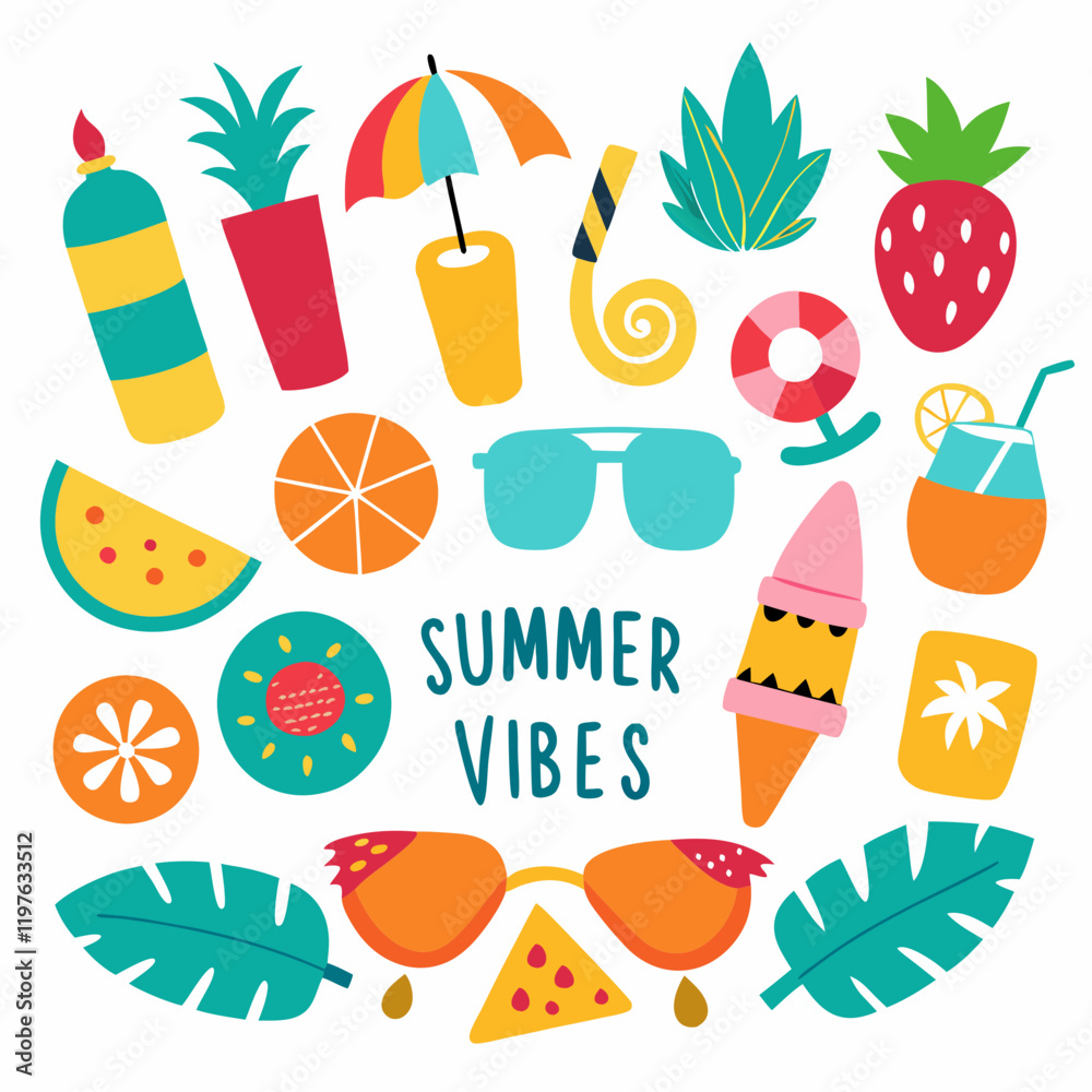 A colorful collection of summer-themed illustrations, including beach items, food, tropical elements, and the phrase A colorful collection of summer-themed illustrations, including beach items, food, tropical elements, and the phrase