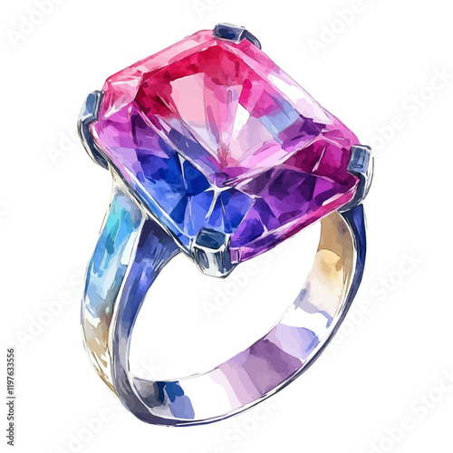 A watercolor illustration of a modern gemstone ring, isolated on a white background. Ring vector.
