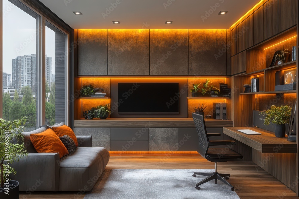 Fototapeta premium Modern Home Office with Warm Lighting and Greenery