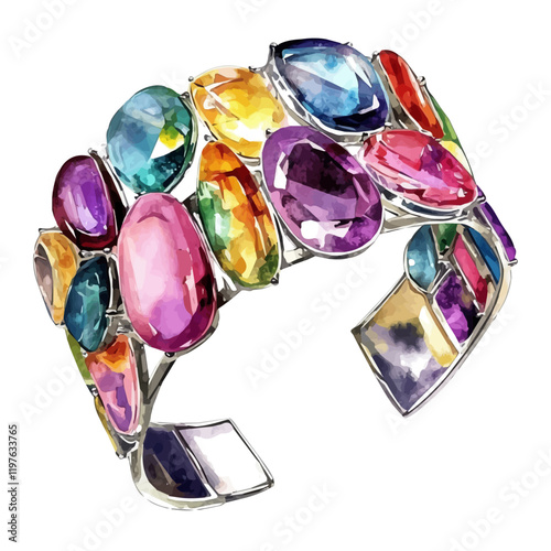 A watercolor clipart of a modern gemstone cuff bracelet, isolated on a white background. Bracelet vector.
