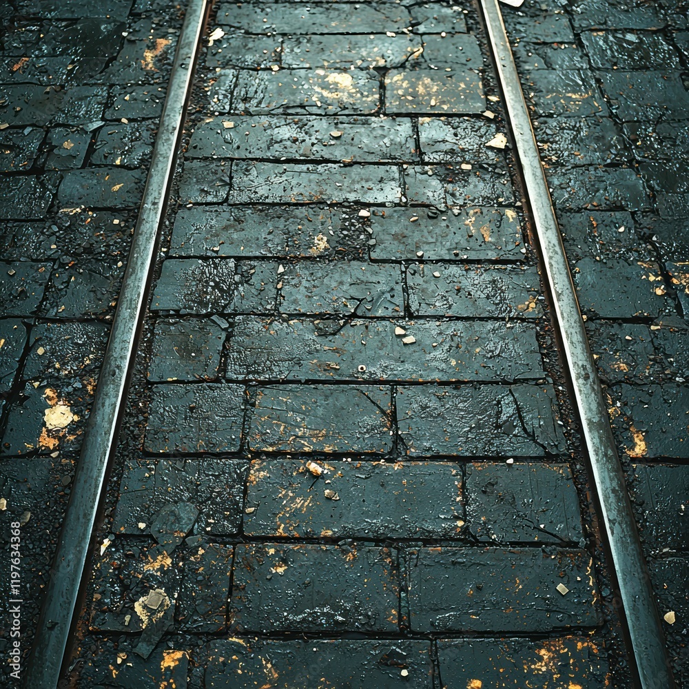 Close-up of weathered, dark brick pavement alongside rusty train tracks. Close-up of weathered, dark brick pavement alongside rusty train tracks.