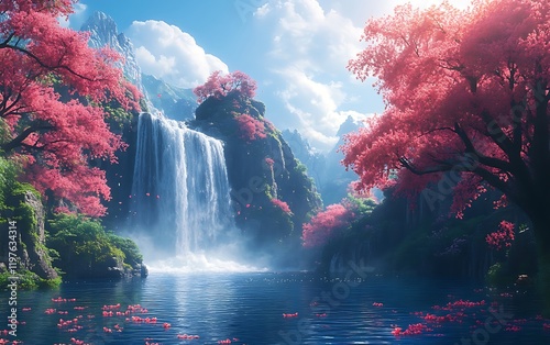 Lush Valley Waterfall Spring Pond Blooms