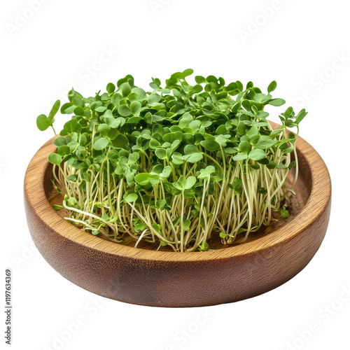 Fresh alfalfa sprouts displayed on a wooden plate against a transparent background, Alfalfa Sprout in wood plate on ransparent photo