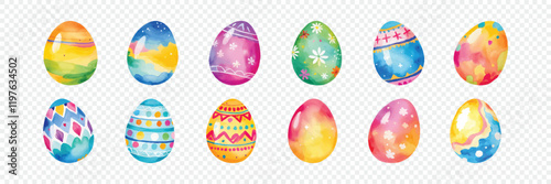 Set of watercolor vector colorful easter eggs isolated on transparent background. Easter and spring holidays