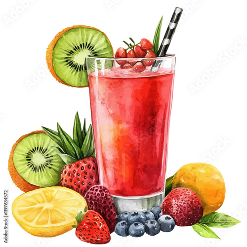 A watercolor of mixed fruit juice, isolated on a white background. Juice vector.
