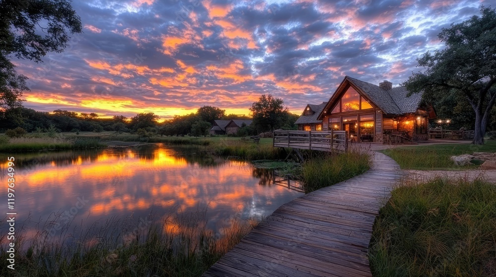 Sunset view of lakeside lodge, wooden walkway, tranquil nature Sunset view of lakeside lodge, wooden walkway, tranquil nature