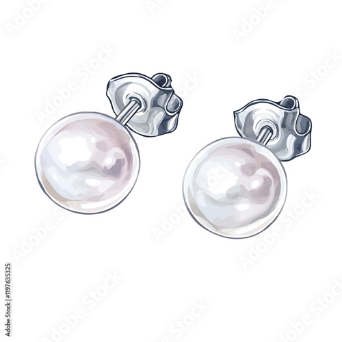 A watercolor vector of minimalist silver and pearl stud earrings, isolated on a white background. Earrings vector.
