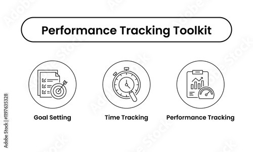 Performance Tracking Toolkit icon set. Includes Goal Setting, Time Tracking, and Performance Tracking icons. Vector icon set.
