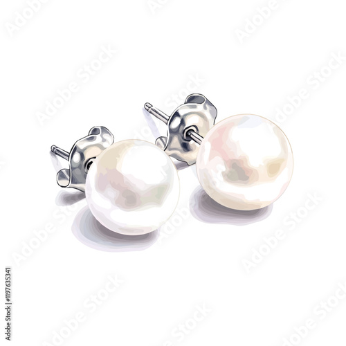 A watercolor vector of minimalist silver and pearl stud earrings, isolated on a white background. Earrings vector.
