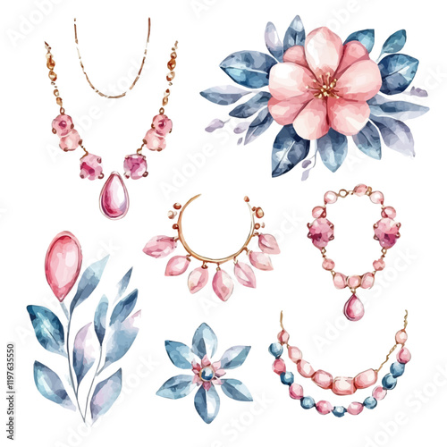 A watercolor clipart of a minimalist jewelry set, isolated on a white background. Jewelry vector.
