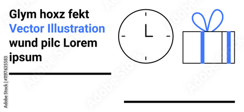 Analog clock showing time and present box with bow on white background. Stylized text elements in black and blue. Ideal for time management, celebrations, deadlines, rewards, gifts, efficiency
