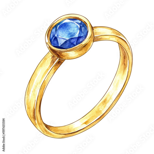 A watercolor of a minimalist gold ring with sapphire details, isolated on a white background. Ring vector.
