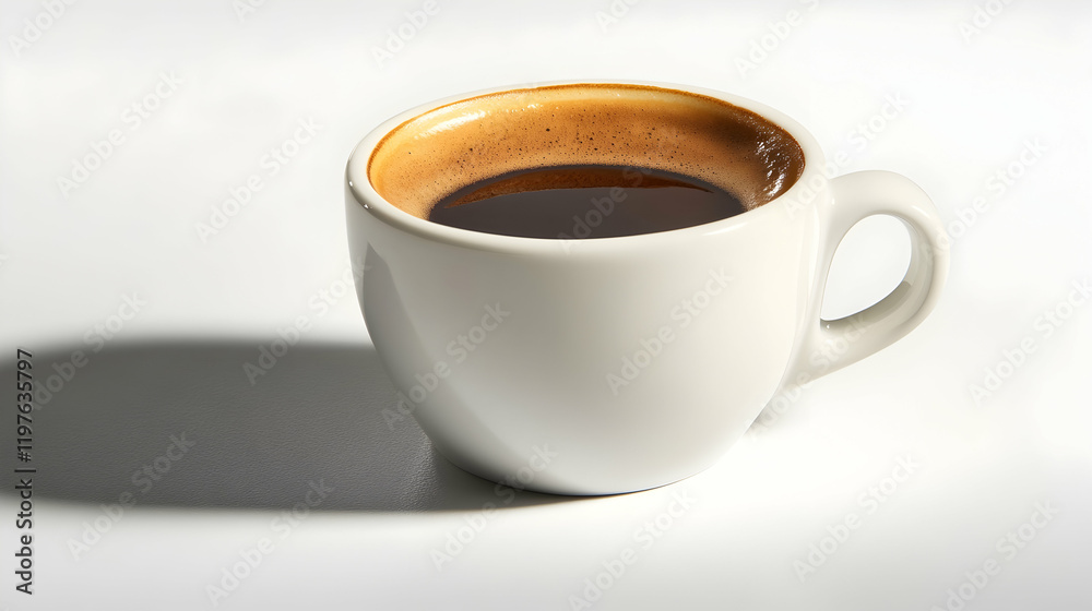 A single espresso cup with rich dark espresso, sitting on a clean white surface with minimal shadows A single espresso cup with rich dark espresso, sitting on a clean white surface with minimal shadows
