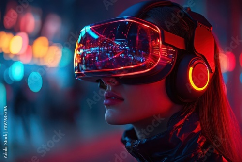 Futuristic Woman in Virtual Reality with Neon Lights