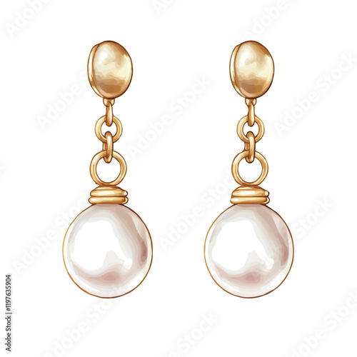 A watercolor clipart of minimalist gold and pearl earrings, isolated on a white background. Earrings vector.
