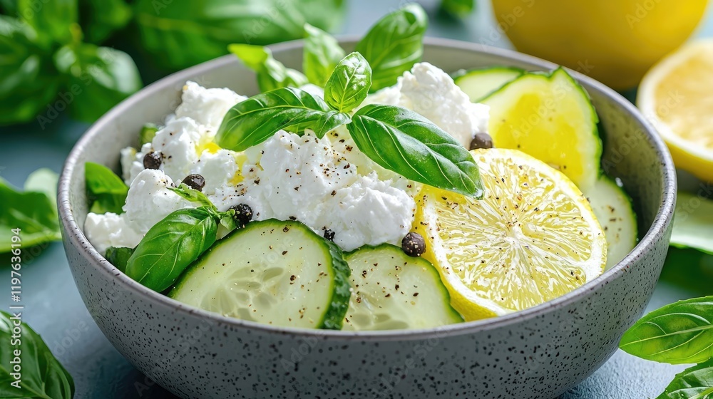 Fresh cucumber, ricotta, and lemon salad in a bowl Fresh cucumber, ricotta, and lemon salad in a bowl