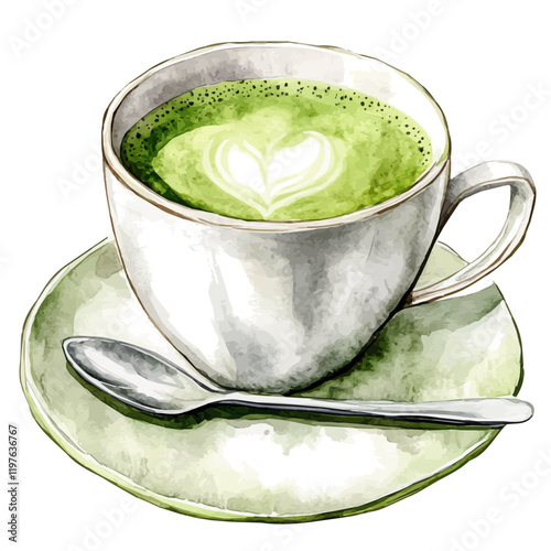 A watercolor vector of a matcha hot chocolate, isolated on a white background. Hot chocolate vector.
