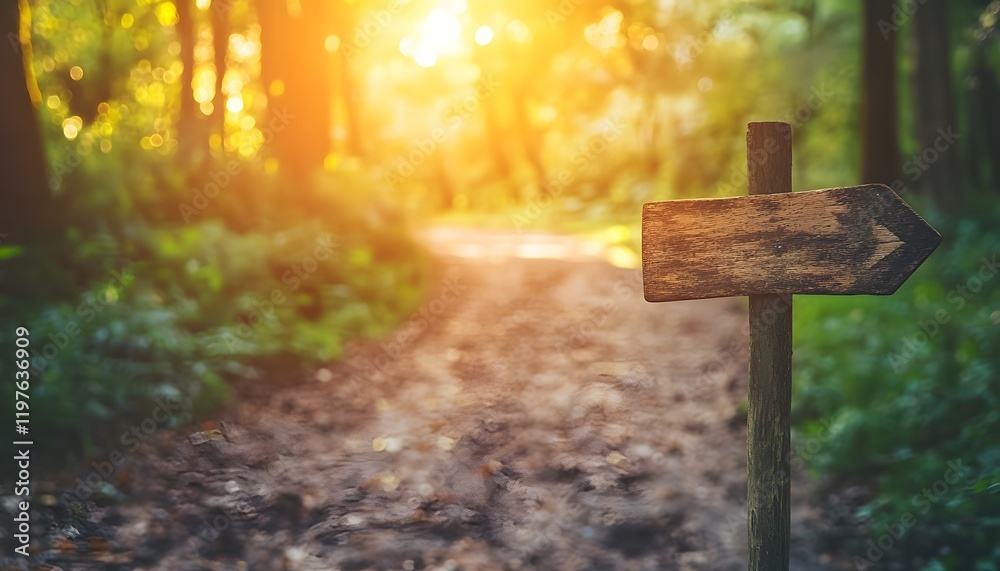 Fototapeta premium Wooden Signpost Pointing Right on a Forest Pathway Surrounded by Lush Greenery and Bathed in Warm Glowing Light at Sunset, Inviting Outdoor Adventure and Exploration