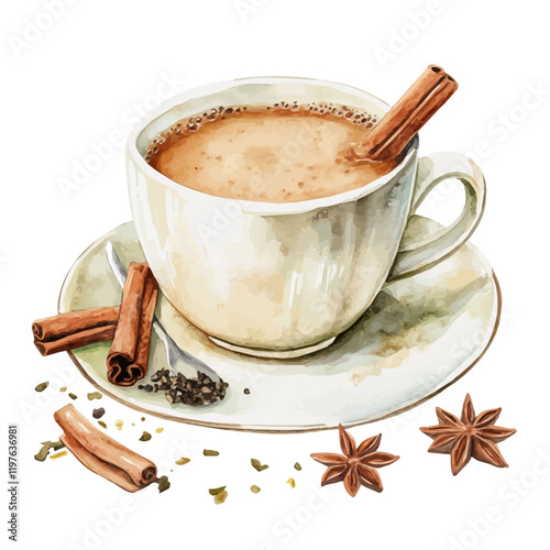 A watercolor painting of masala chai, isolated on a white background. Chai vector.
