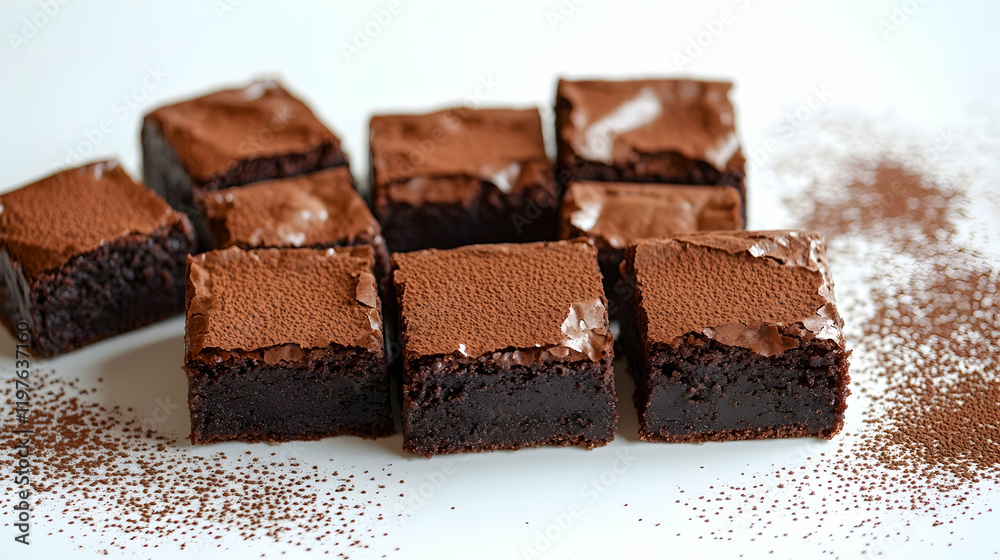 A symmetrical arrangement of chocolate brownies with cleanly cut edges, topped with a light dusting of cocoa powder A symmetrical arrangement of chocolate brownies with cleanly cut edges, topped with a light dusting of cocoa powder
