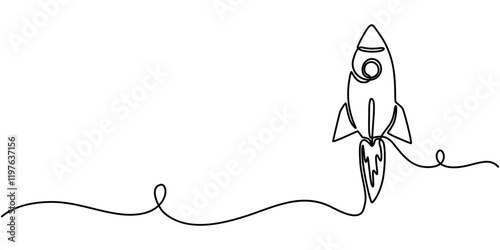 One continuous editable line drawing of a retro spaceship flying upwards. Rocket of a spaceship being launched into space. Single line drawing vector graphic illustration, Single line drawing.