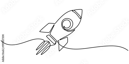 One continuous editable line drawing of a retro spaceship flying upwards. Rocket of a spaceship being launched into space. Single line drawing vector graphic illustration, Single line drawing.