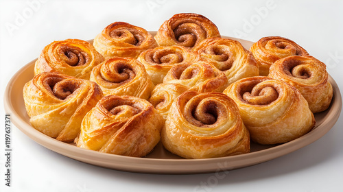 A symmetrical arrangement of golden puff pastry swirls filled with cinnamon and sugar, placed on a neutral-toned platter photo