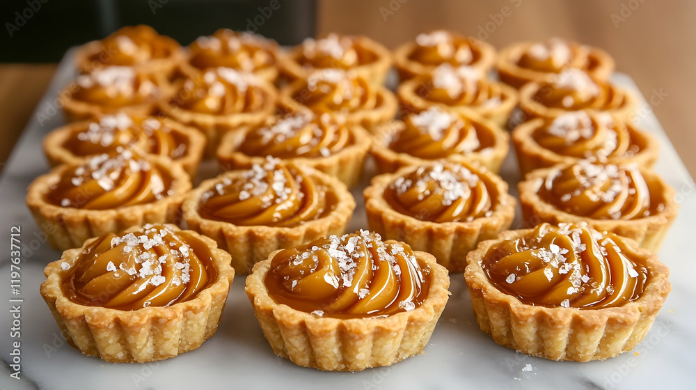 A symmetrical display of golden caramel tarts topped with a sprinkle of sea salt, arranged on a marble platter A symmetrical display of golden caramel tarts topped with a sprinkle of sea salt, arranged on a marble platter