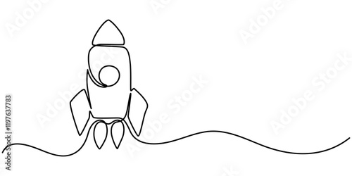One continuous editable line drawing of a retro spaceship flying upwards. Rocket of a spaceship being launched into space. Single line drawing vector graphic illustration, Single line drawing.