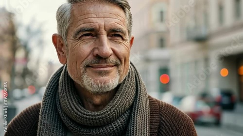 Serene urban stroll: mature man enjoying a peaceful afternoon walk