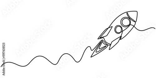 One continuous editable line drawing of a retro spaceship flying upwards. Rocket of a spaceship being launched into space. Single line drawing vector graphic illustration, Single line drawing.