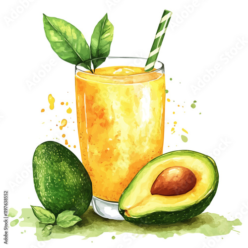 A watercolor vector of mango avocado juice, isolated on a white background. Juice vector.
