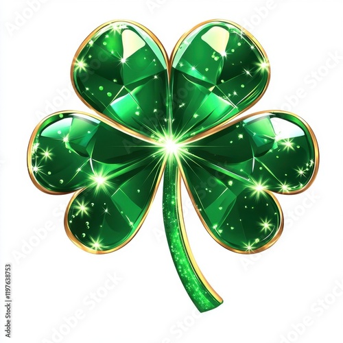 Shiny green four-leaf clover with golden outlines and sparkles.